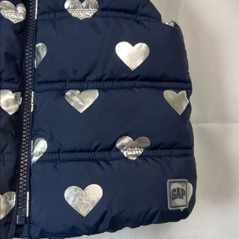 Baby GAP Navy Blue puffer vest with silver hearts size 18-24 months